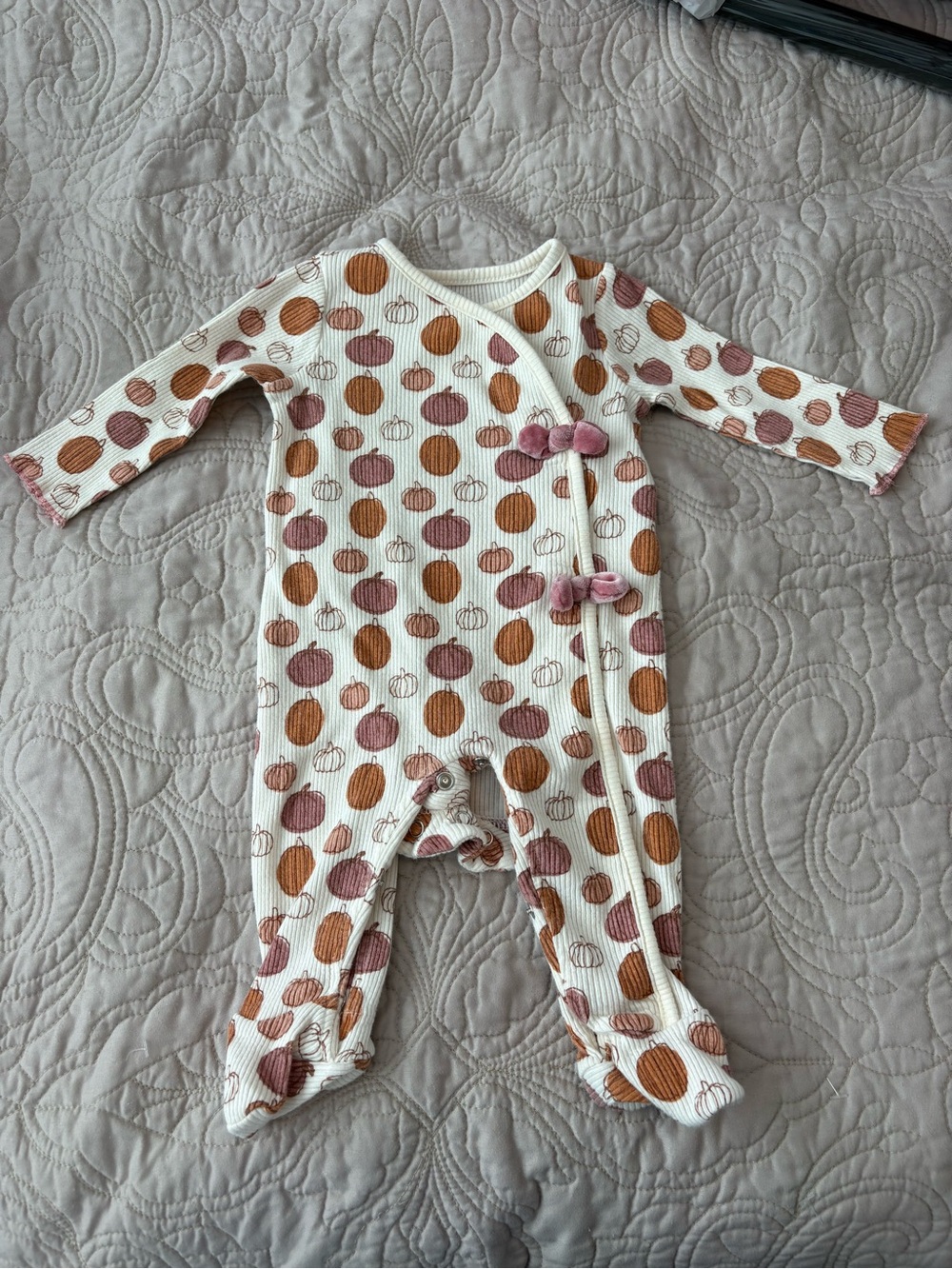 Mud Pie Cream Footed One-Piece with Pink and Brown Polka Pumpkins